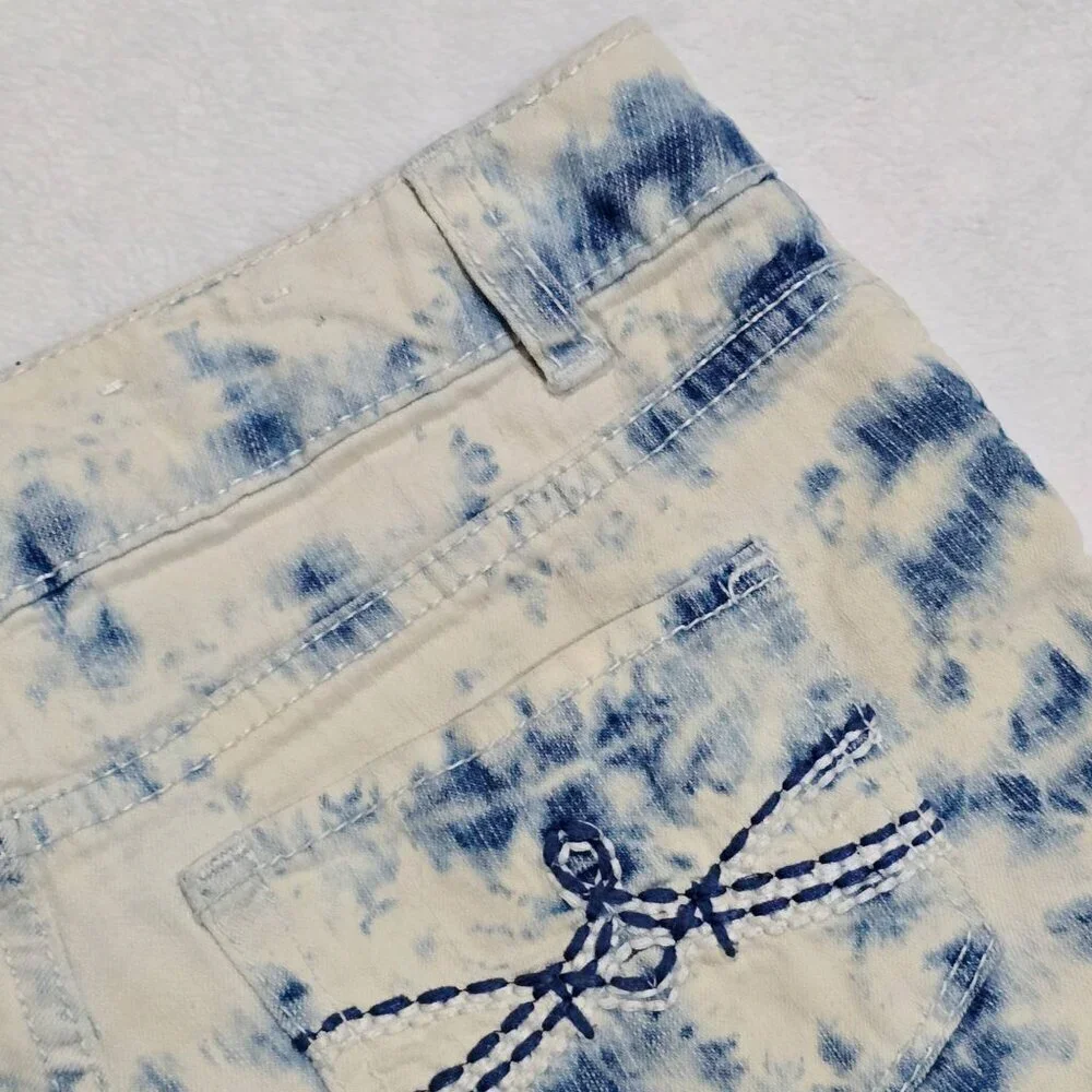 Mudd Girls Blue White Tie Dye Raw Hem Adjustable Waist Denim Shorts Excellent 8